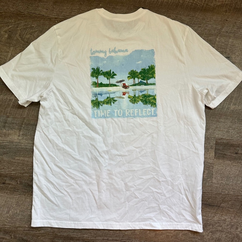 Tommy Bahama Time To Reflect‎ Beach Graphic T-Shirt Large White Palm Tree Back